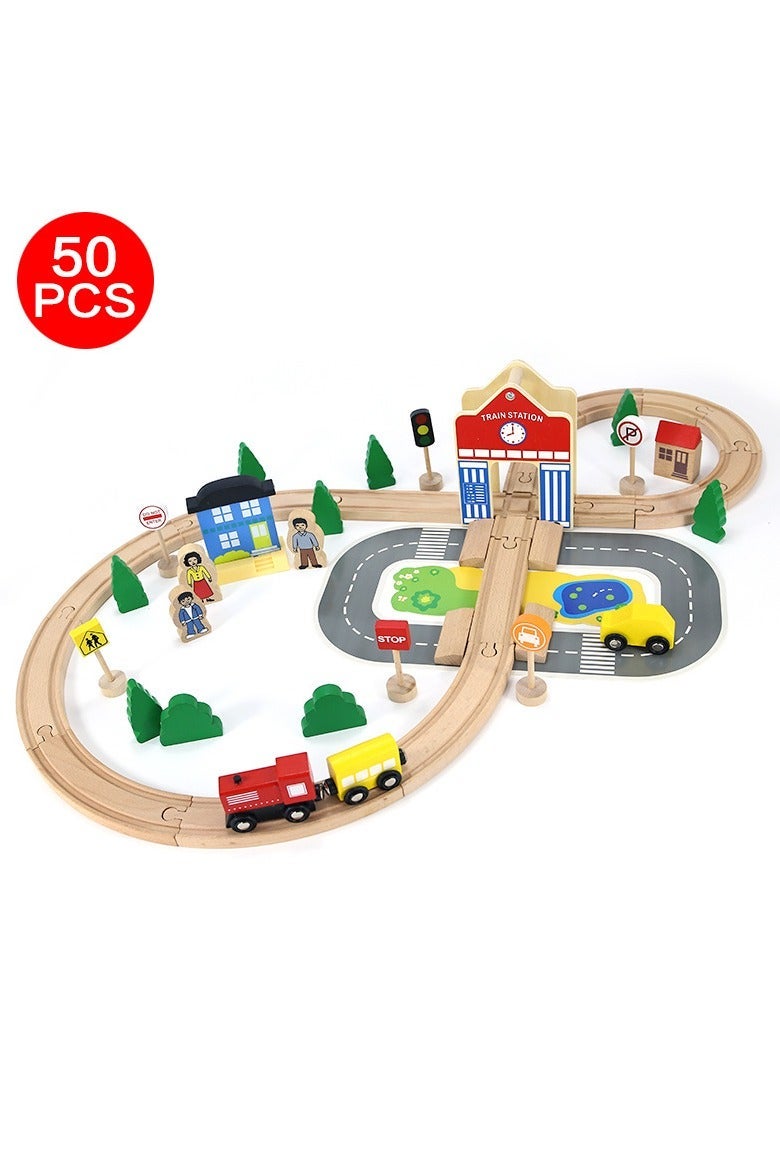 Wooden Train Set for Kids – 50 PCS Railway Track with Station, Figures & Signs | Montessori Educational Toy for Ages 3+ | Natural Safe Wood - Image 2